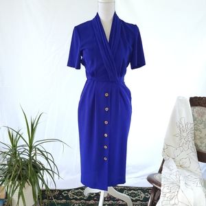 1980s VTG Liz Claiborne Wrap Dress Blue Gold Buttons Pockets Size 2